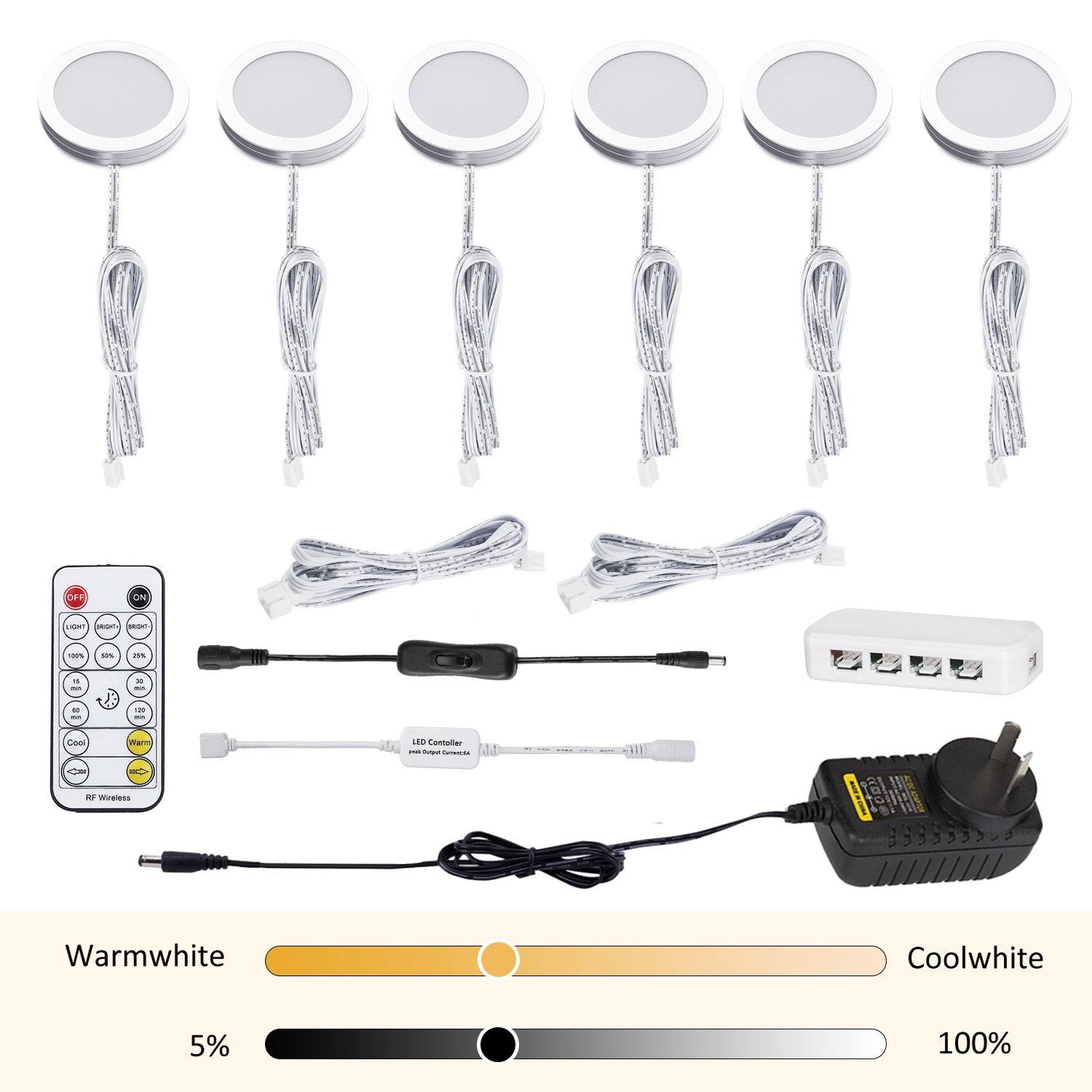 Premium 6 Light LED Under Cabinet Puck Light Kit Dimmable Remote 2700K-6000K