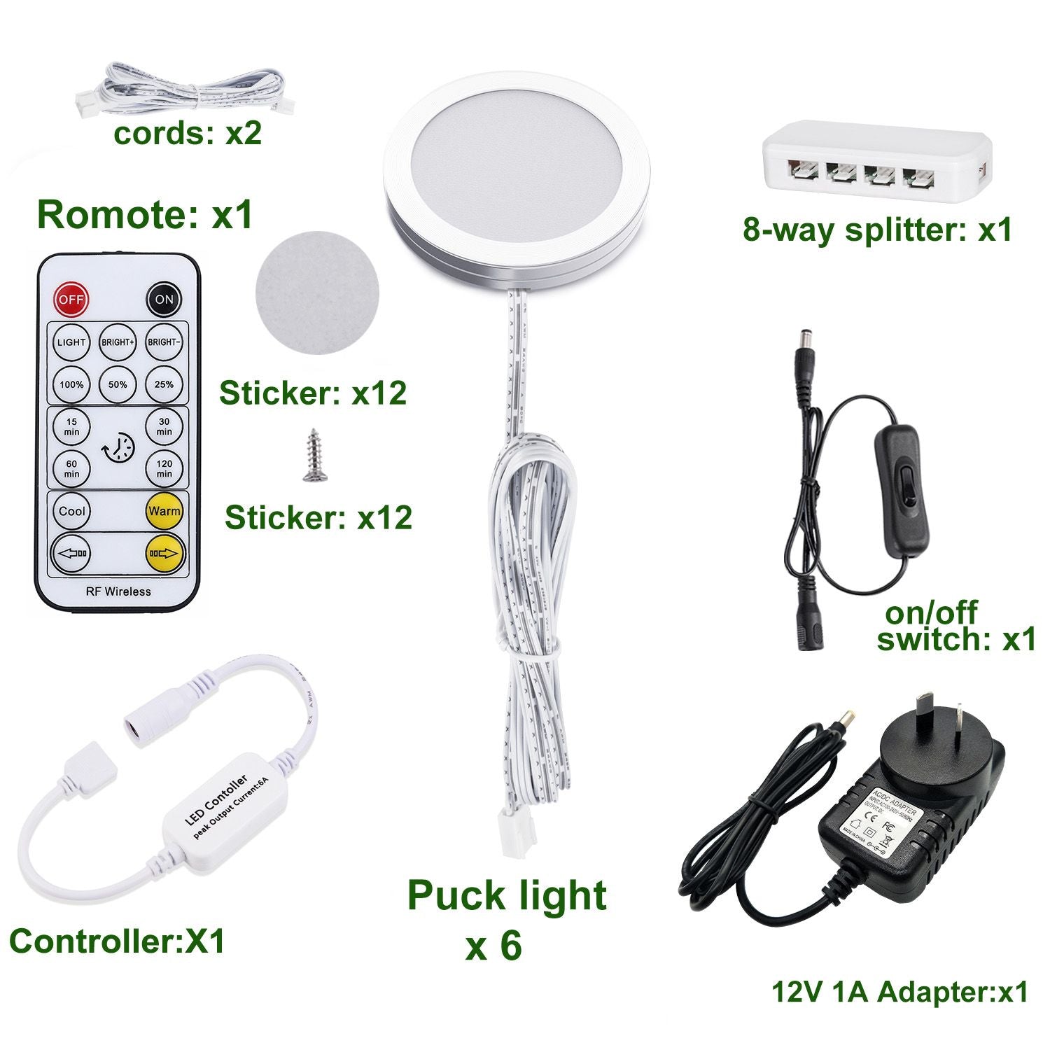 Premium 6 Light LED Under Cabinet Puck Light Kit Dimmable Remote 2700K-6000K
