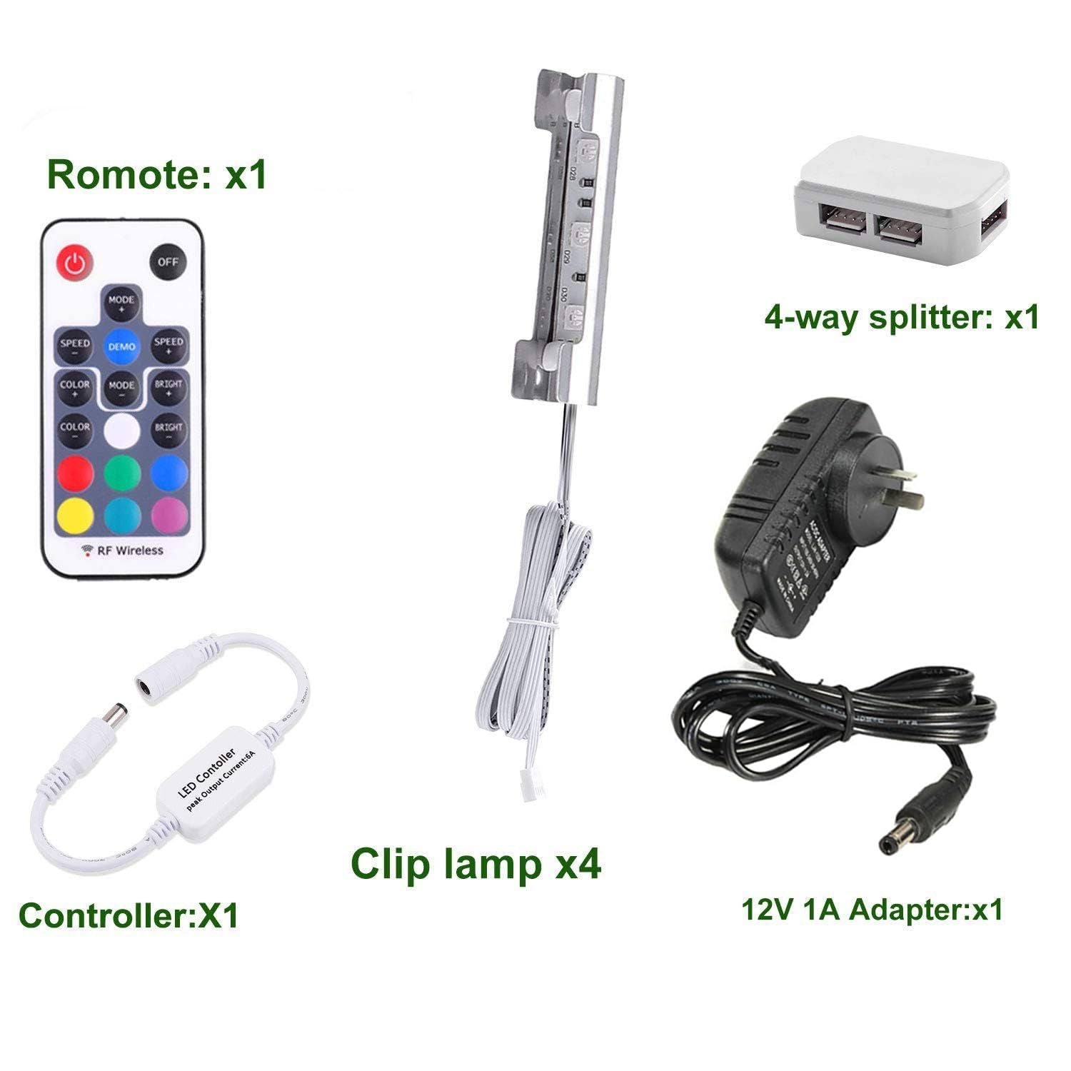 Premium RGB LED Glass Shelf Light Kit – 4 Lights with RF Remote & Clip-On Design