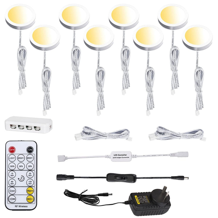 LED Under Cabinet Puck Lights Kit, CCT Adjustable, Dimmable RF Remote, 8 Lights, 24W - SuperSaverAU - view 1