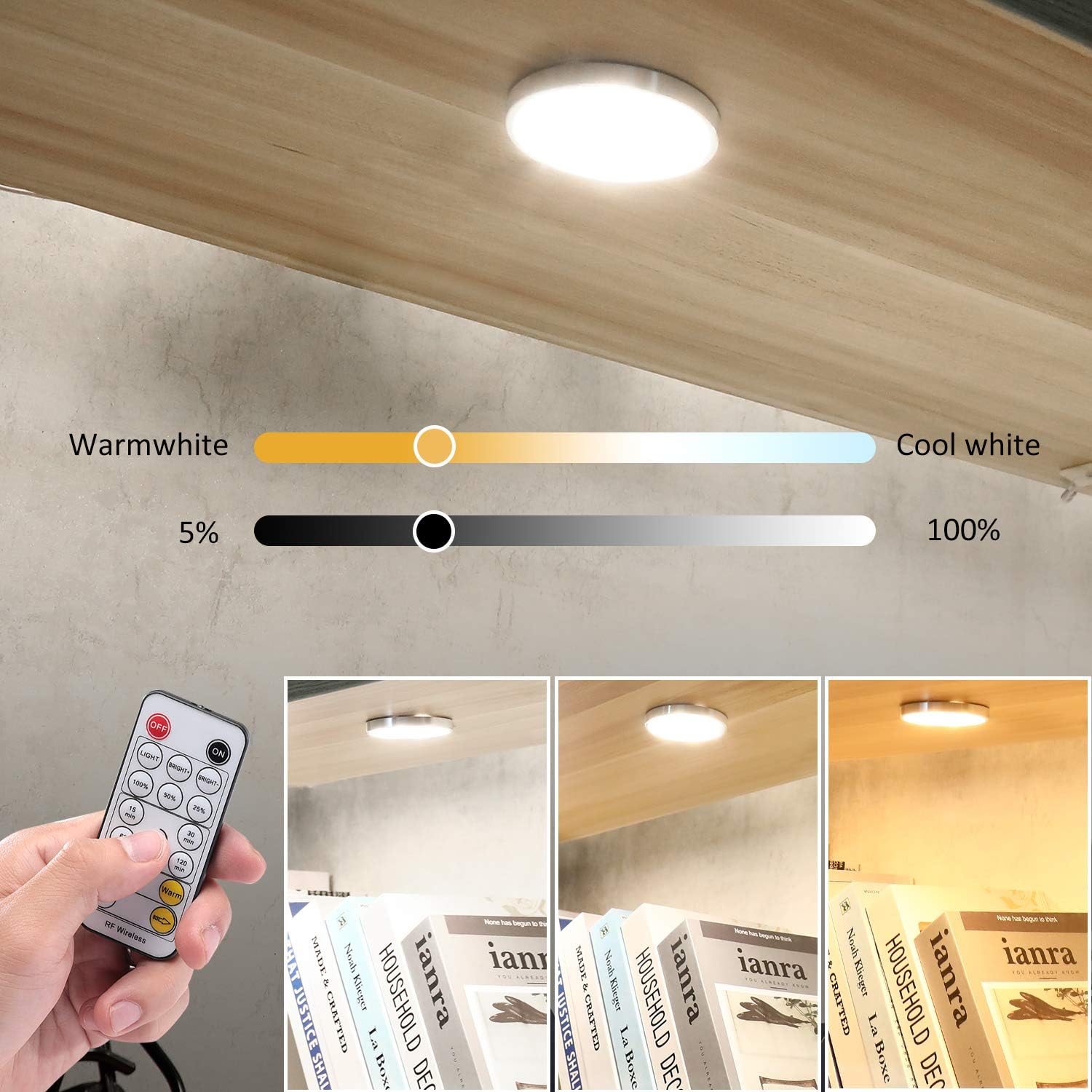 LED Under Cabinet Puck Lights Kit, CCT Adjustable, Dimmable RF Remote, 8 Lights, 24W - SuperSaverAU - view 5
