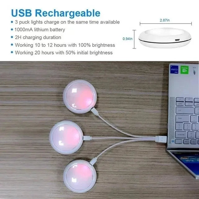Premium USB Rechargeable RGBW LED Puck Lights – 6 Pack with Remote & 16 Colours
