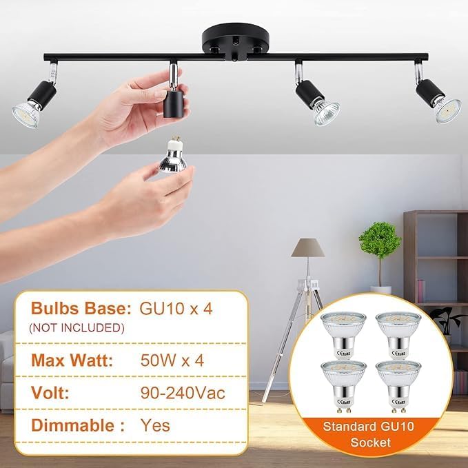 Swivelling Ceiling Spotlight Kit - 4 Way Adjustable, Dimmable, Modern Design, Black - SuperSaverAU - view 5