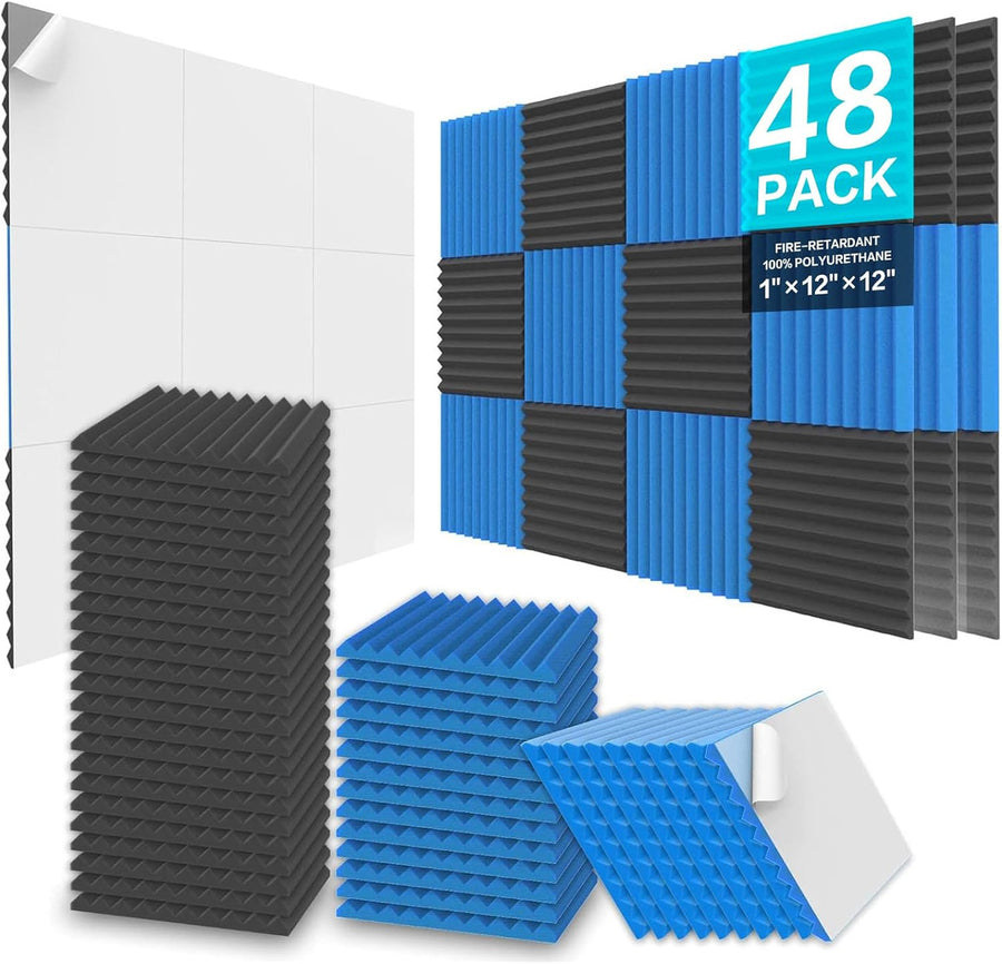 JBER Acoustic Foam Wedge Panels 48 Pack 30x30x2.5cm - Black & Blue