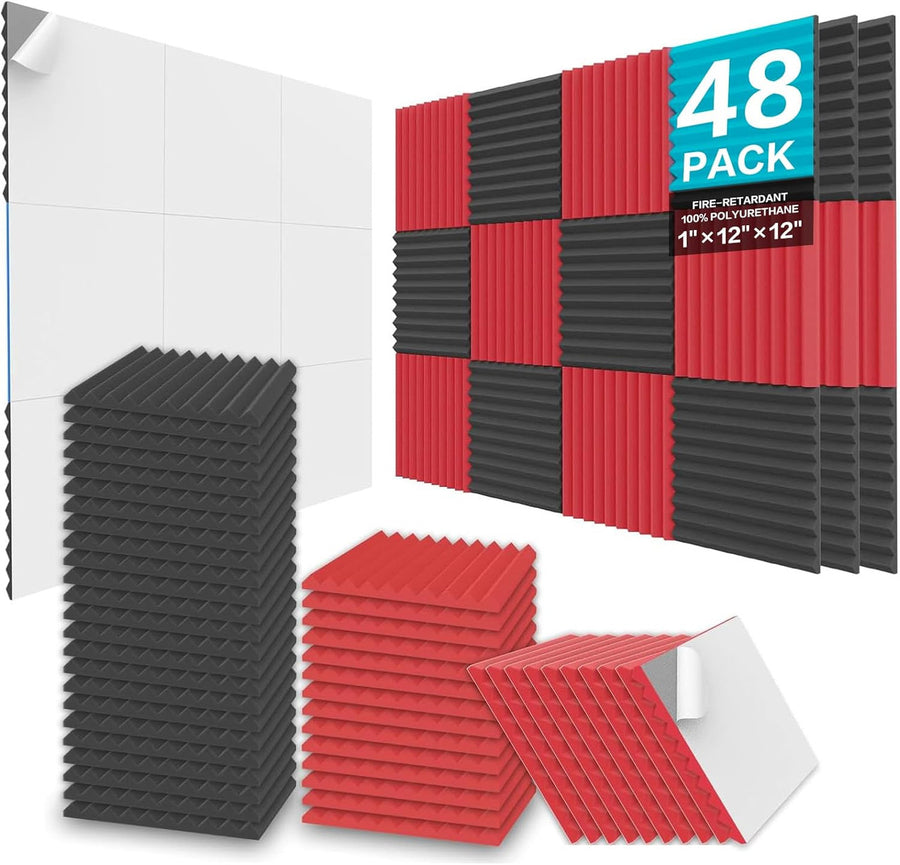 JBER Acoustic Foam Wedge Panels 48 Pack 30x30x2.5cm - Black & Red