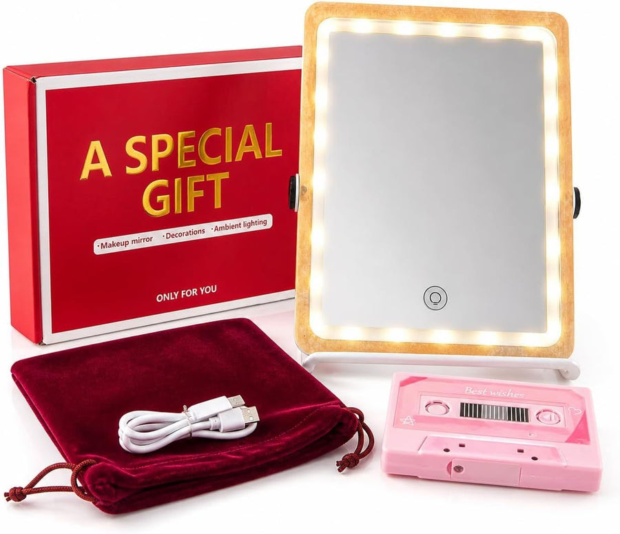 LED Vanity Makeup Mirror Gift Set with Dimmable Light Adjustable Stand and Rechargeable Design