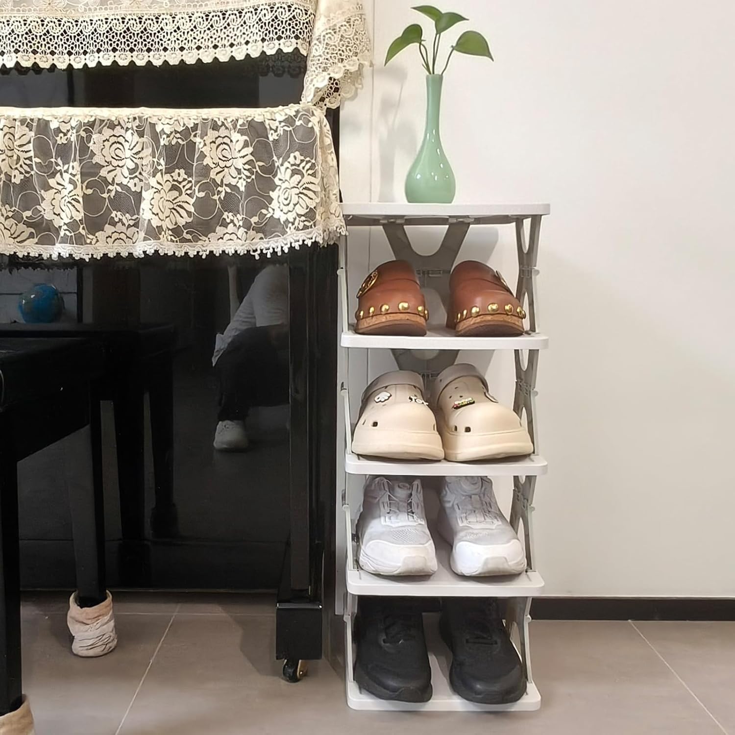 5 Tier Foldable Vertical Shoe Rack, X-Design Tall Shoes Organiser for Narrow Space, Corner Shelf for Single Dormitory Or Small Room - SuperSaverAU - view 1