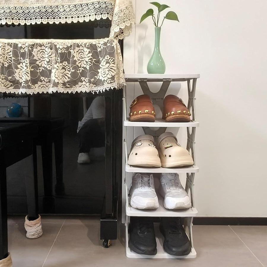 5 Tier Foldable Vertical Shoe Rack, X-Design Tall Shoes Organiser for Narrow Space, Corner Shelf for Single Dormitory Or Small Room - SuperSaverAU - view 1