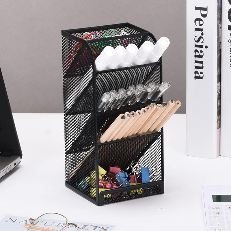 Premium Metal Mesh Desk Organiser – Black 5 Compartment Stainless Steel Stationery Holder