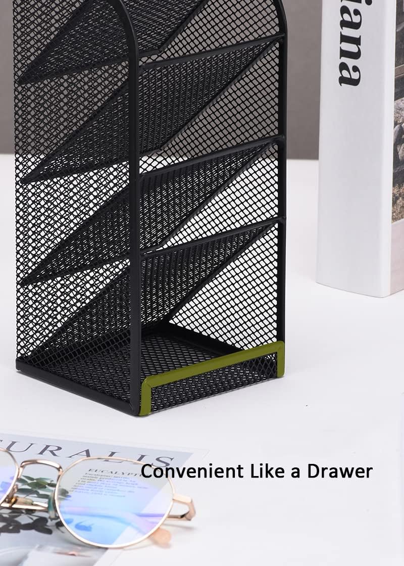 Premium Metal Mesh Desk Organiser – Black 5 Compartment Stainless Steel Stationery Holder