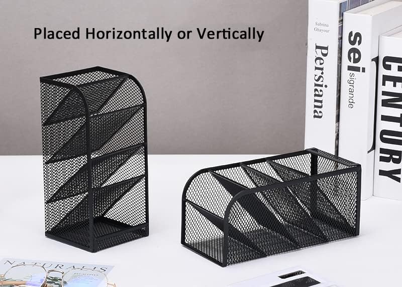 Premium Metal Mesh Desk Organiser – Black 5 Compartment Stainless Steel Stationery Holder