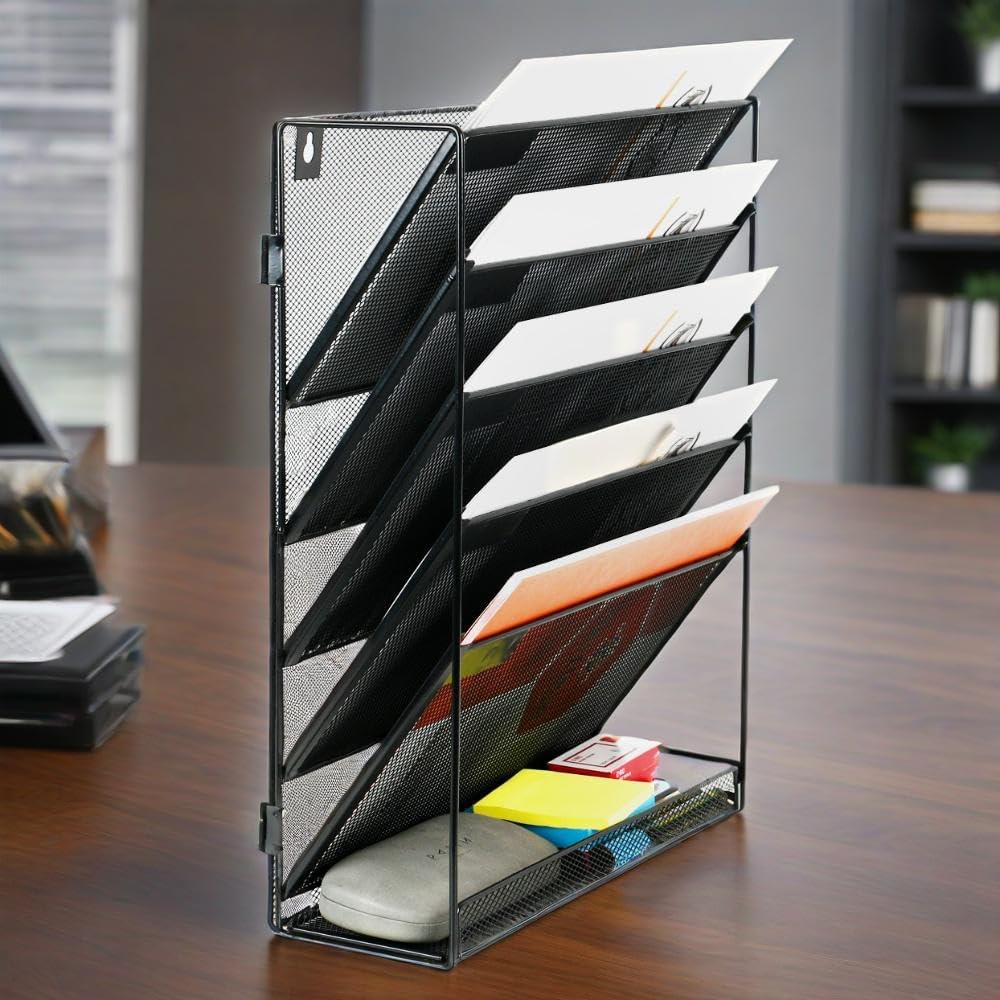 6 Tier Desktop File Organiser, Wall Mount Magazine Rack, Mesh Desk Organizer, Vertical Hanging Document Tray for Stationery, Mail, Paper and Letter Envelope, Book Holder - SuperSaverAU - view 3