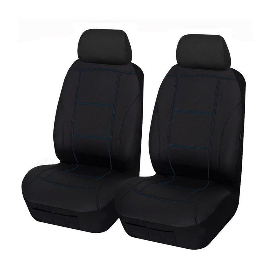 Universal Lavish Front Seat Covers 30/35 | Black/Blue Stitching, Soft PU Fabric, Airbag Compatible - SuperSaverAU - view 1