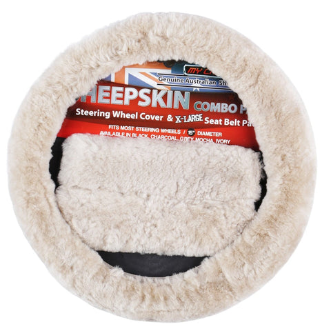 Premium Mocha Sheepskin Steering Wheel Cover and Seat Belt Pads Combo