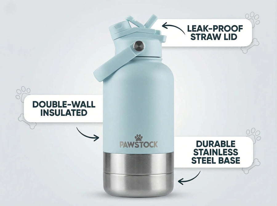 Pawstock 3-in-1 Insulated Dog Water Bottle with Dual Bowls – 1L Stainless Steel Travel Bottle-Aqua - SuperSaverAU - view 1