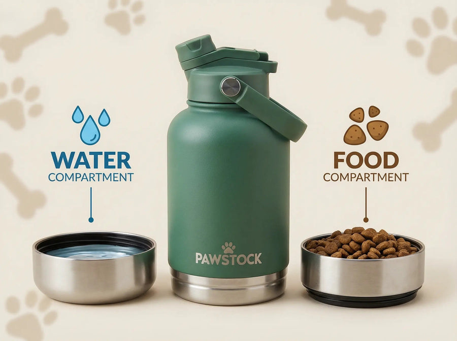 Pawstock 3-in-1 Insulated Dog Water Bottle with Dual Bowls – 1L Stainless Steel Travel Bottle-Rainforest Green - SuperSaverAU - view 1