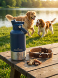 Premium Pawstock 3-in-1 Insulated Dog Water Bottle with Dual Bowls - Navy 1L