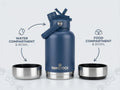 Premium Pawstock 3-in-1 Insulated Dog Water Bottle with Dual Bowls - Navy 1L