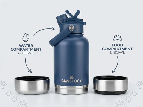 Premium Pawstock 3-in-1 Insulated Dog Water Bottle with Dual Bowls - Navy 1L