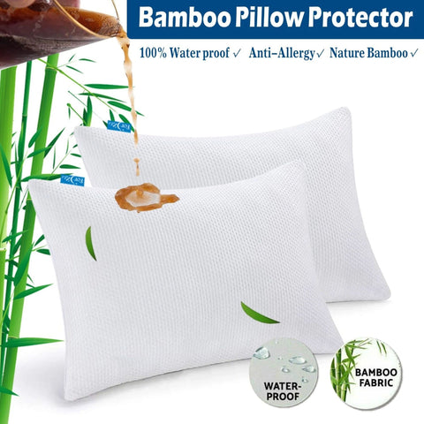 Premium Waterproof Bamboo Pillow Protectors – White 2 Pack 48 x 74cm, Zippered TPU Backing