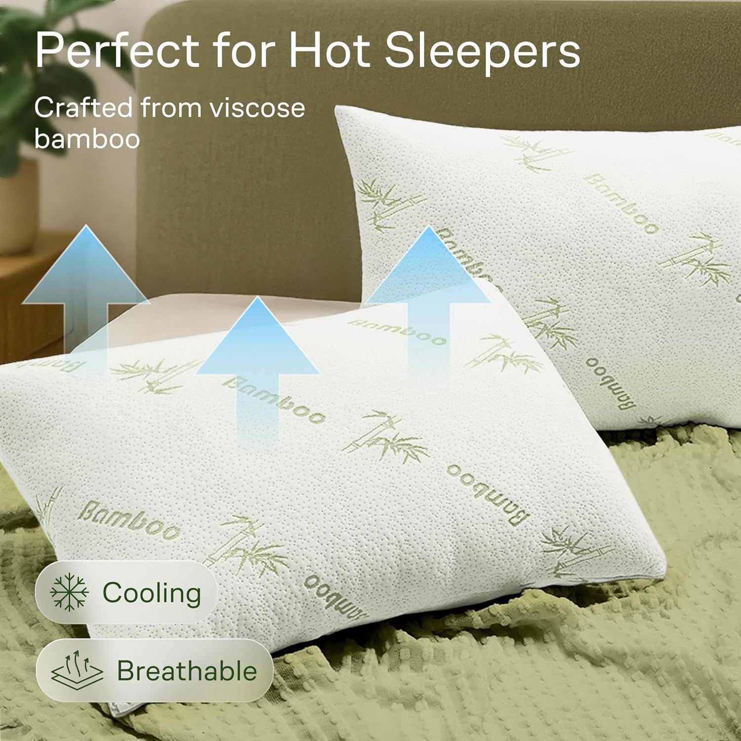 Premium Waterproof Bamboo Pillow Protectors – Green 2 Pack 48 x 74cm, Zippered TPU Backing