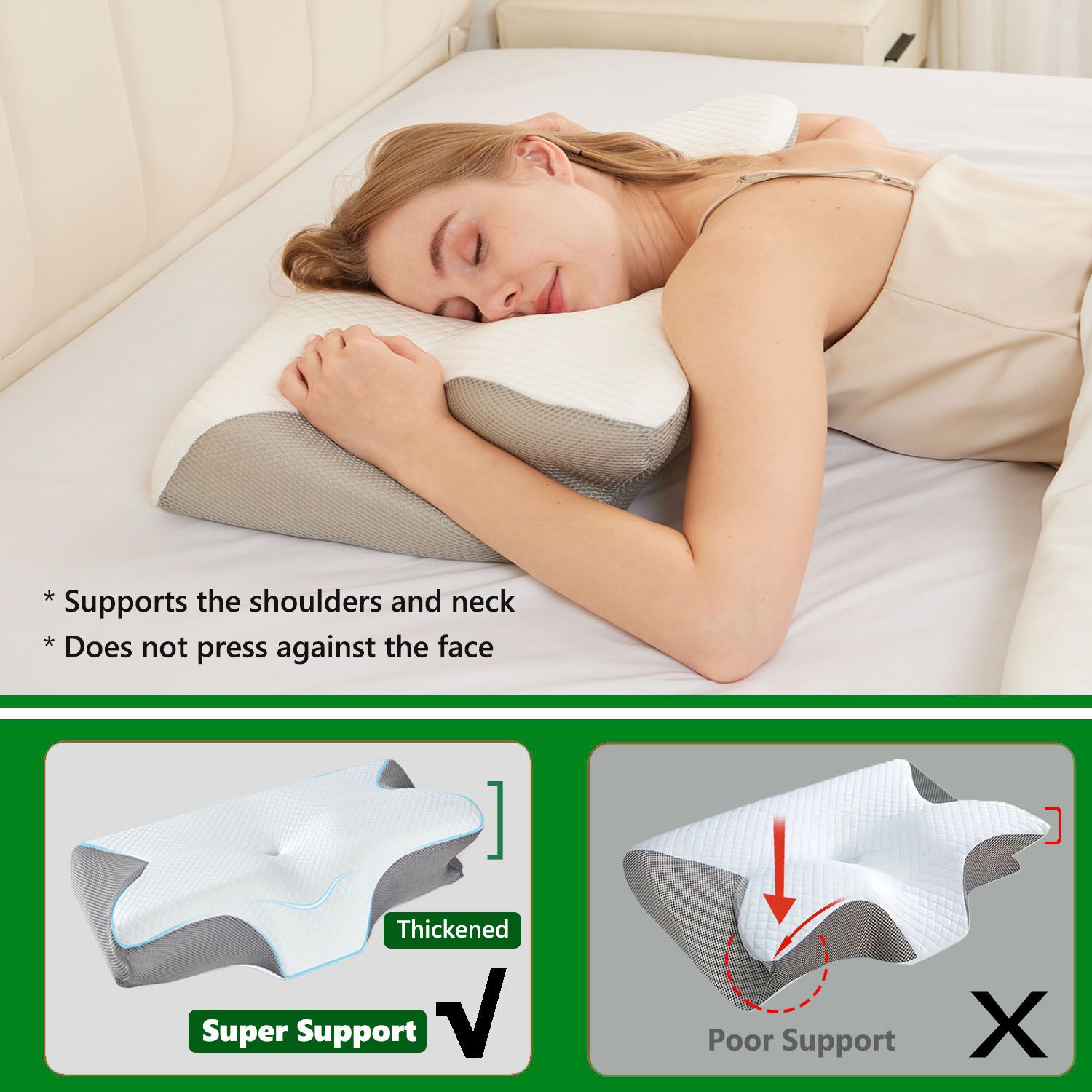 HOMCA 2-in-1 Cervical Neck Pillow – Grey Butterfly Latex Foam, Breathable Cover