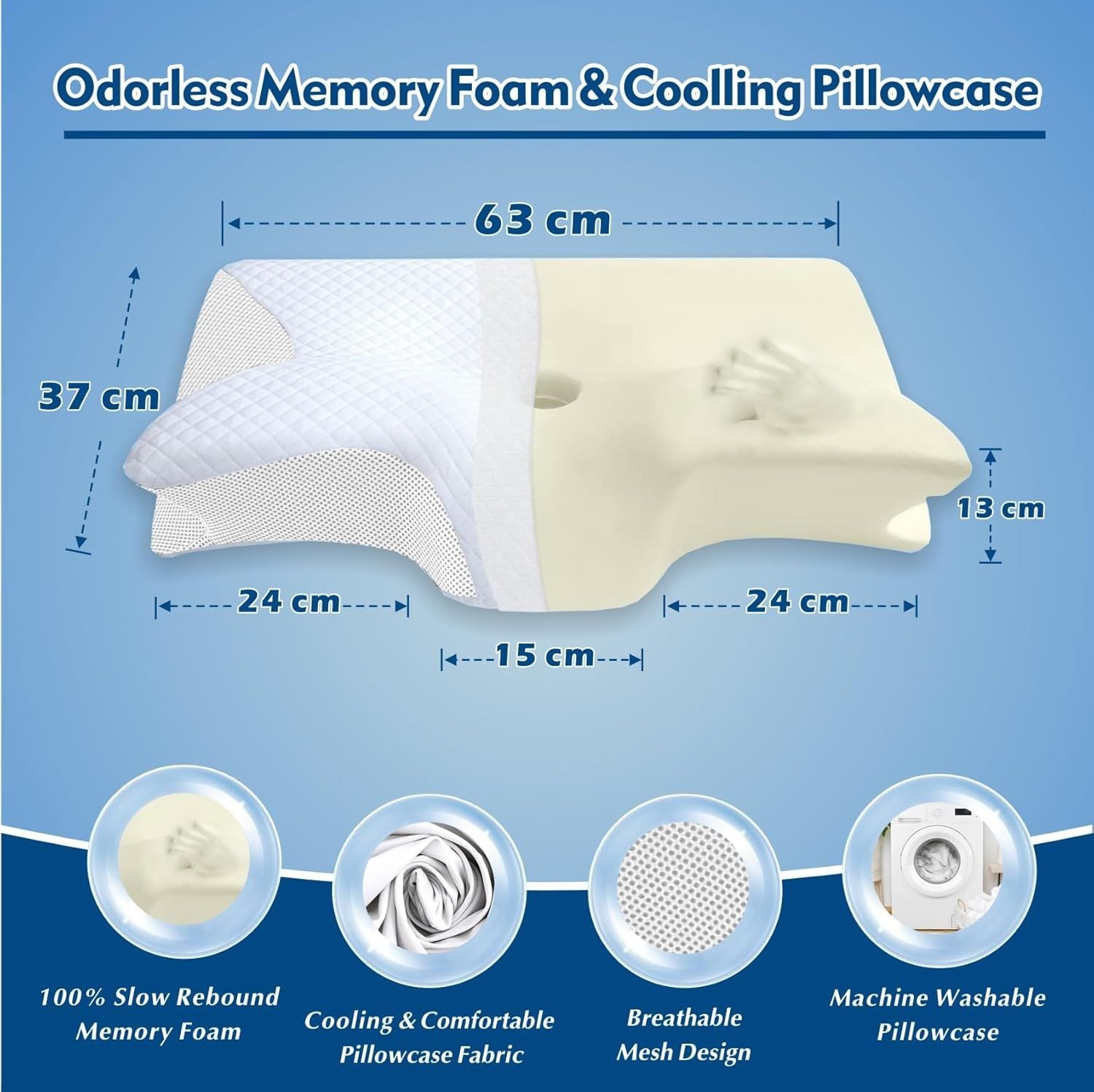 Premium Bamboo Cervical Memory Foam Pillow – White Standard, Cooling Cover & Neck Support