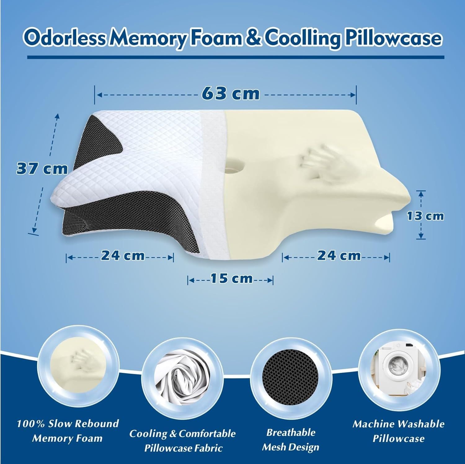 Premium Bamboo Cervical Memory Foam Pillow – White Standard, Cooling Cover & Neck Support