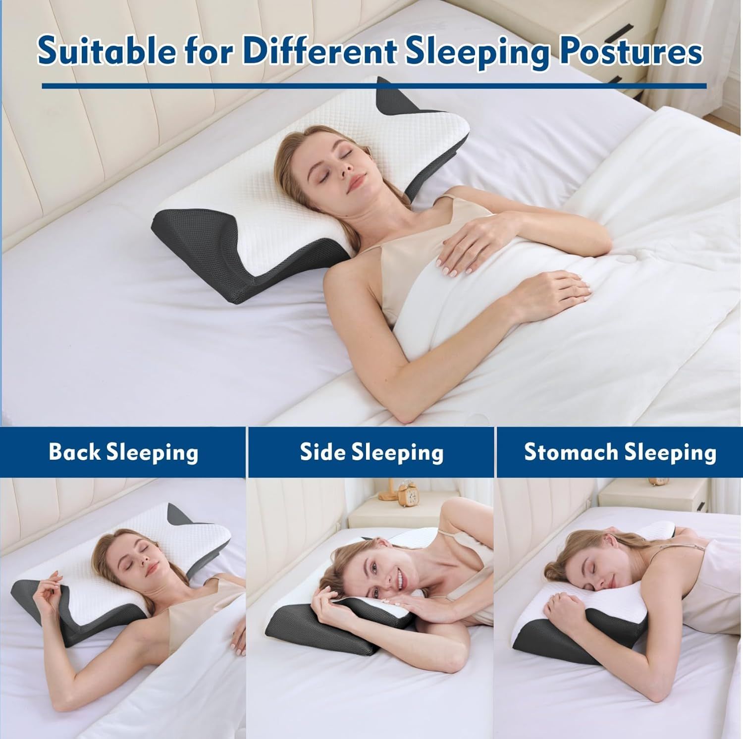 Premium Bamboo Cervical Memory Foam Pillow – White Standard, Cooling Cover & Neck Support