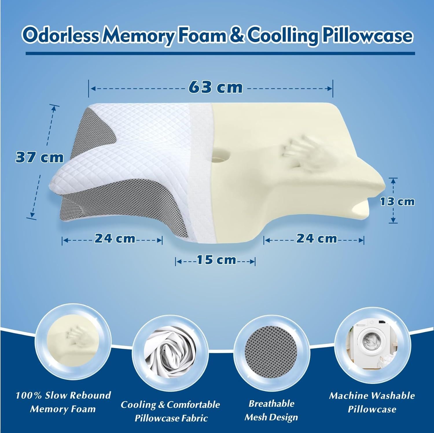 Premium Bamboo Cervical Memory Foam Pillow – White Standard, Cooling Cover & Neck Support