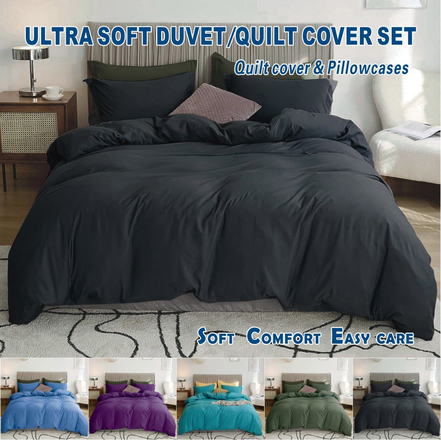 2000TC Microfibre Zipper Quilt Cover Set - 3 Piece, Black, Double