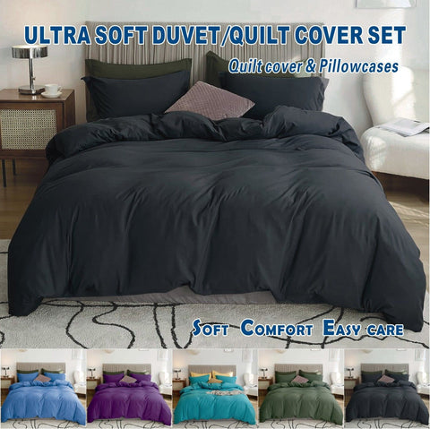 2000TC Microfibre Zipper Quilt Cover Set - 3 Piece, Black, Double