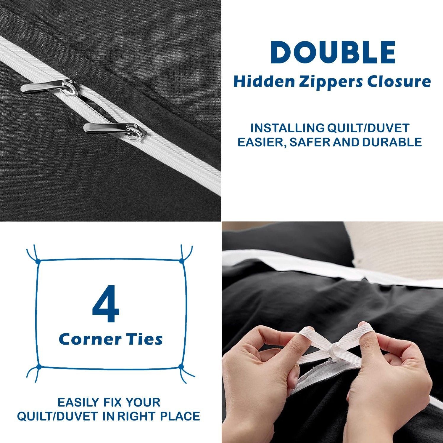 2000TC Microfibre Zipper Quilt Cover Set - 3 Piece, Black, Double