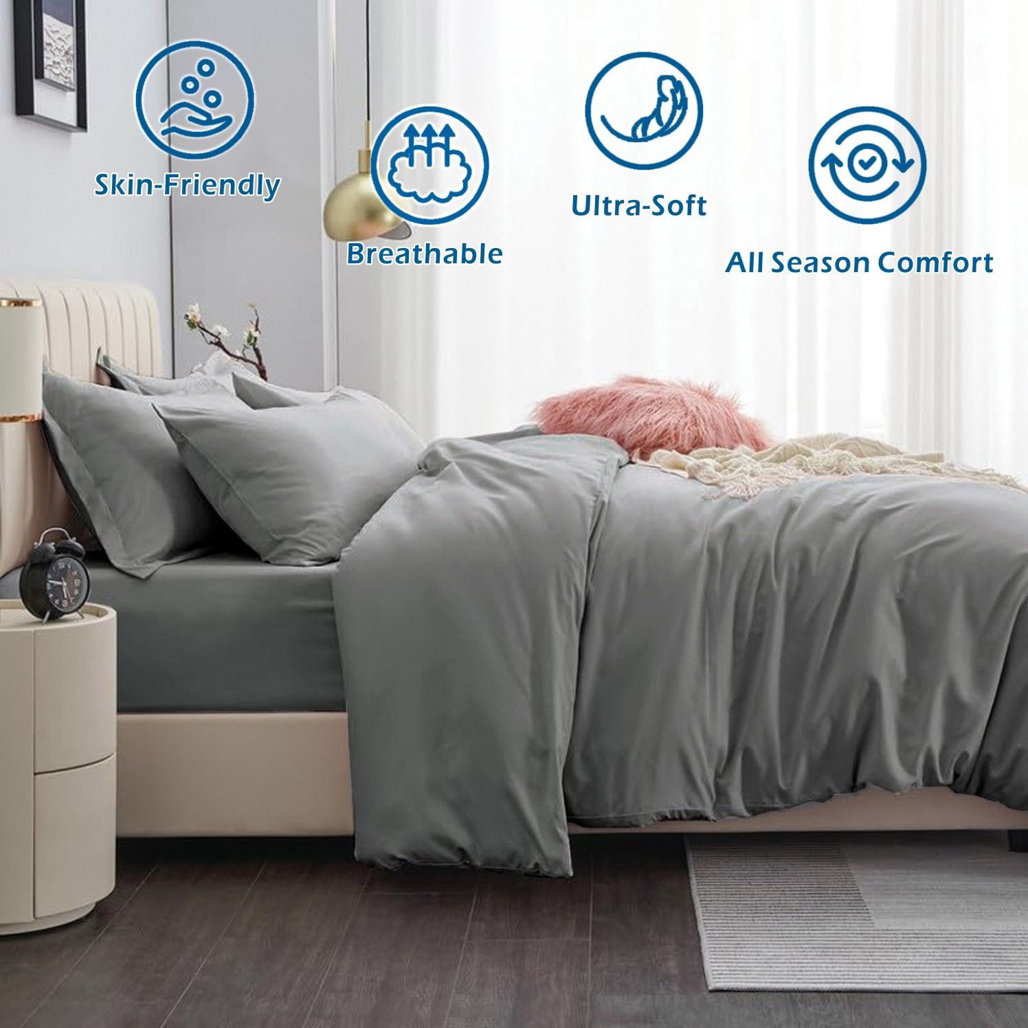 2000TC Microfibre Zipper Quilt Cover Set - 3 Piece, Grey, Double