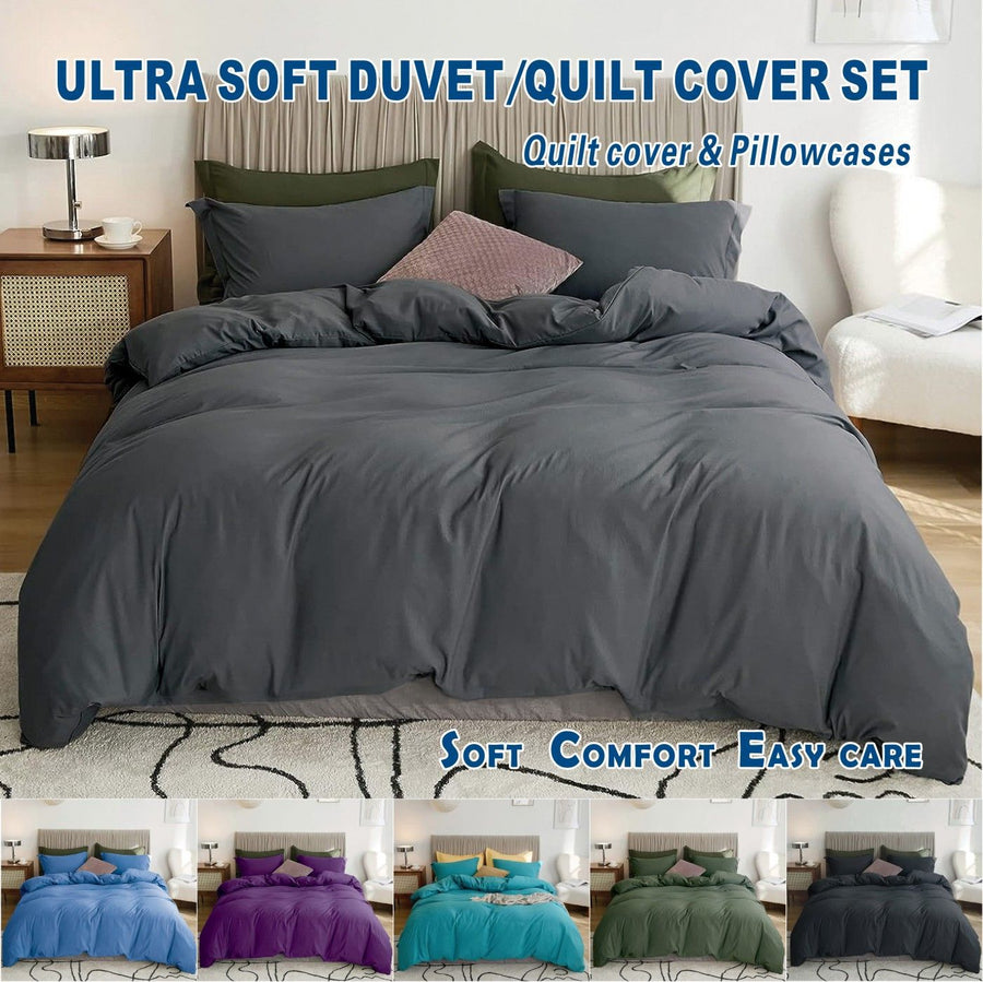 2000TC Microfibre Zipper Quilt Cover Set - 3 Piece, Dark Gray, Double