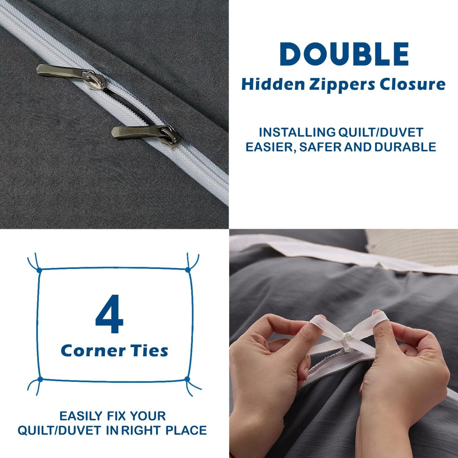 2000TC Microfibre Zipper Quilt Cover Set - 3 Piece, Dark Gray, Double