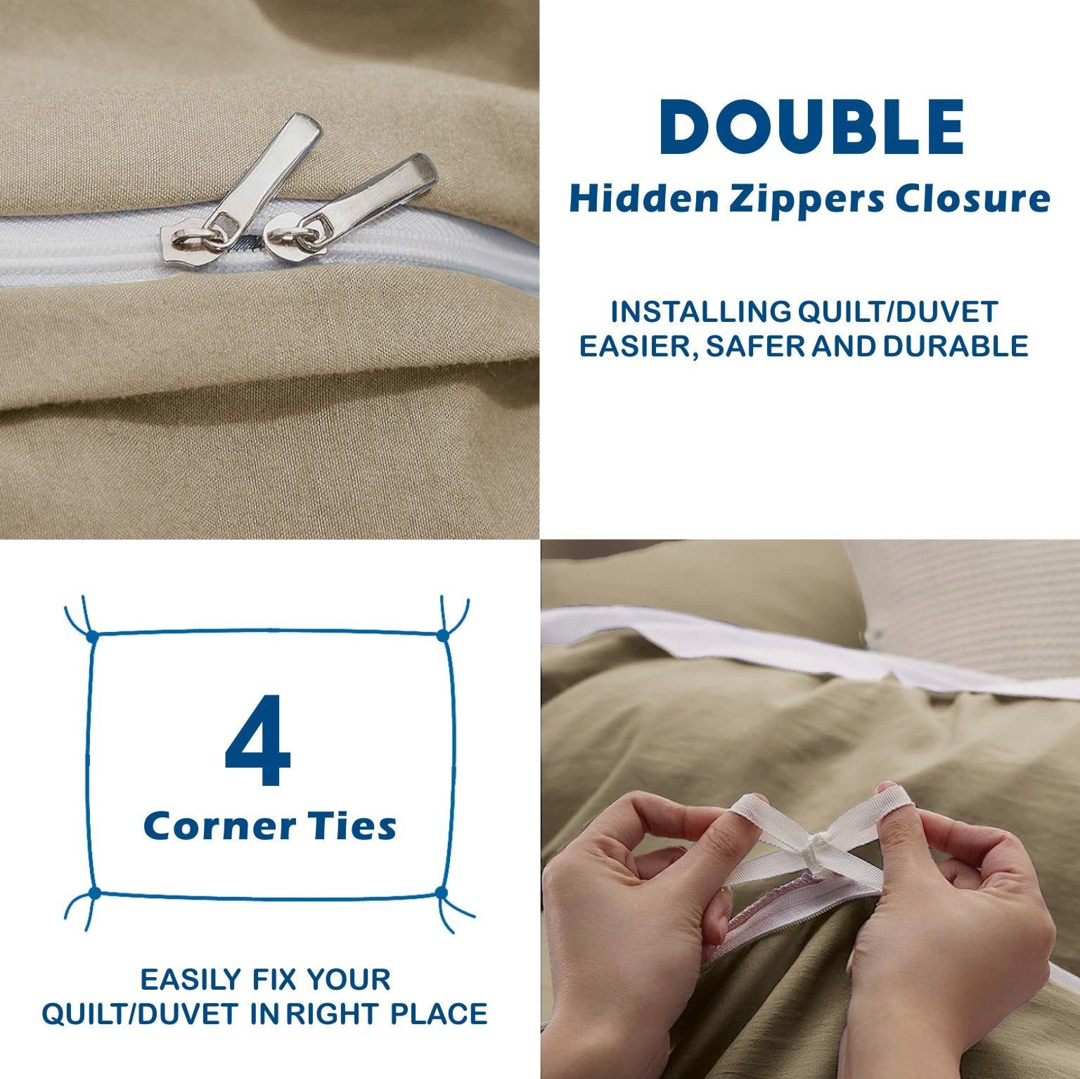 2000TC Microfibre Zipper Quilt Cover Set - 3 Piece, Camel Beige, Double