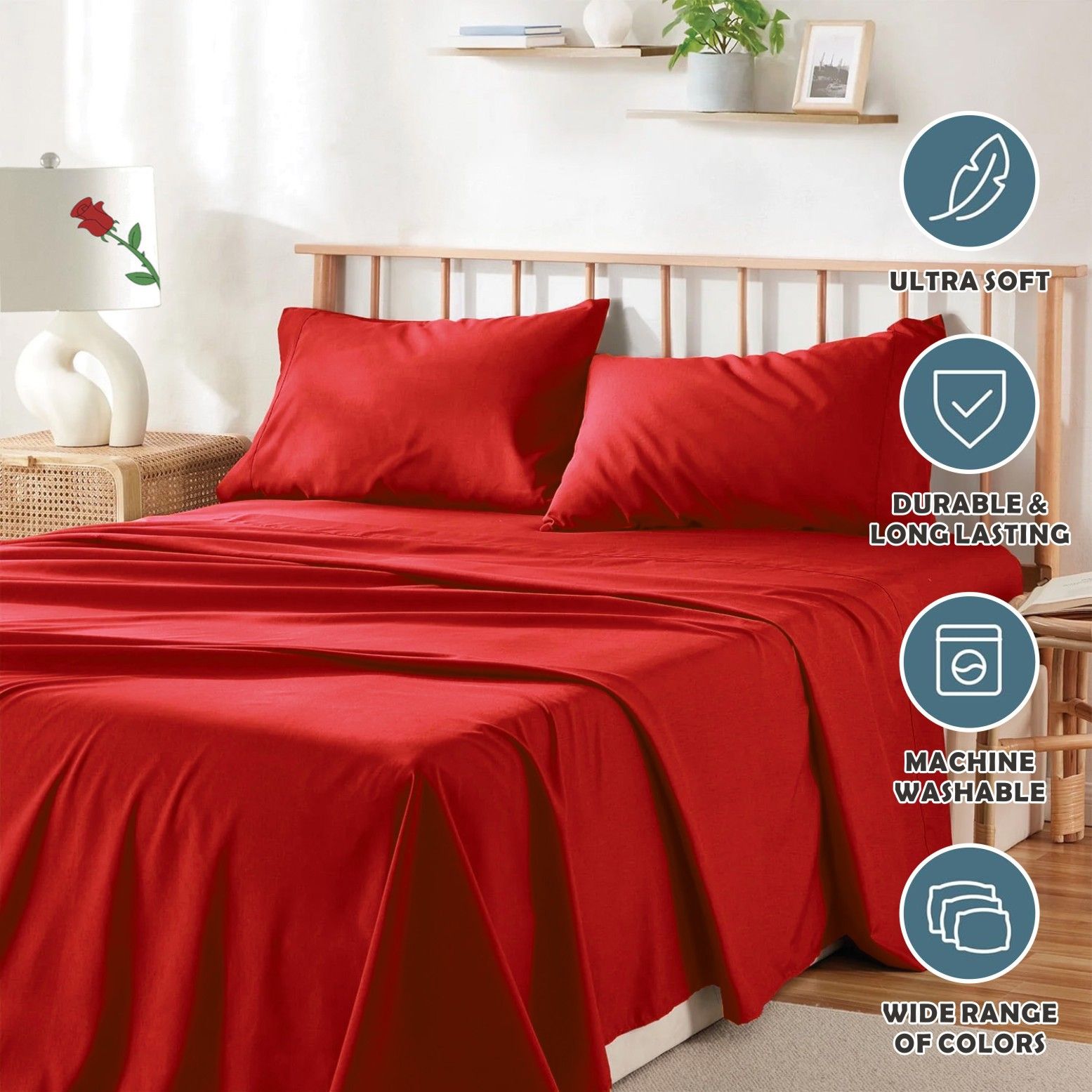2000TC Microfibre Deep Pocket Bed Sheet Set - 4 Piece, Red, Double