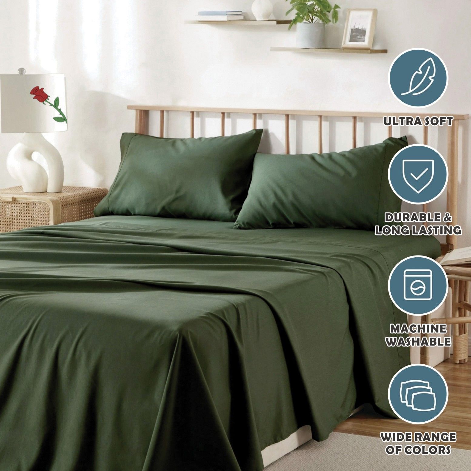 2000TC Microfibre Deep Pocket Bed Sheet Set - 4 Piece, Olive Green, Double