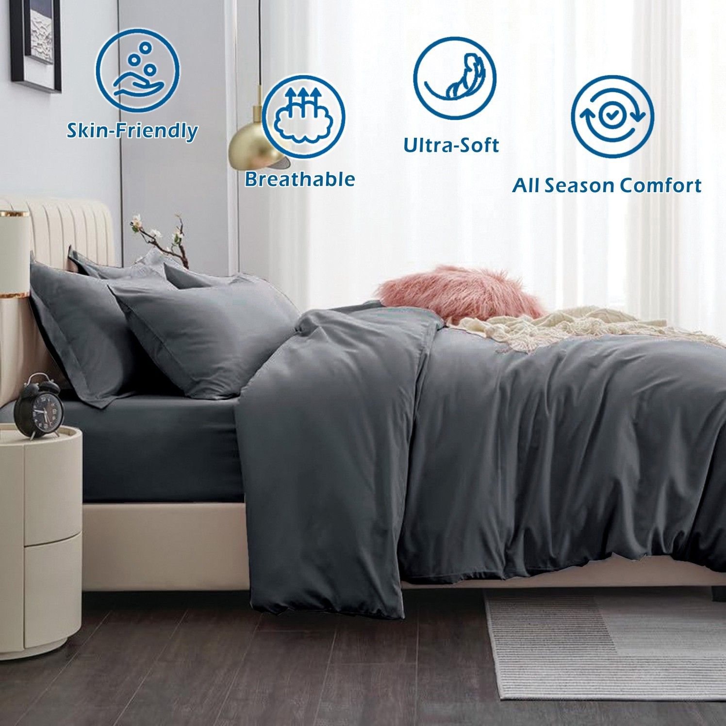 2000TC Microfibre Zipper Quilt Cover Set - 3 Piece, Dark Gray, King