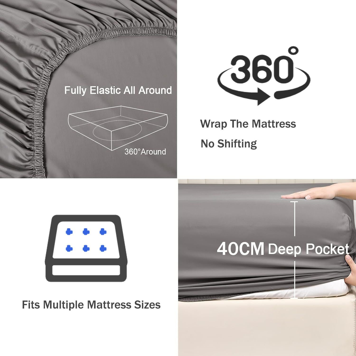 3 Piece 2000TC Microfibre 40cm Deep Pocket Fitted Sheet Set with Pillowcases - Grey King