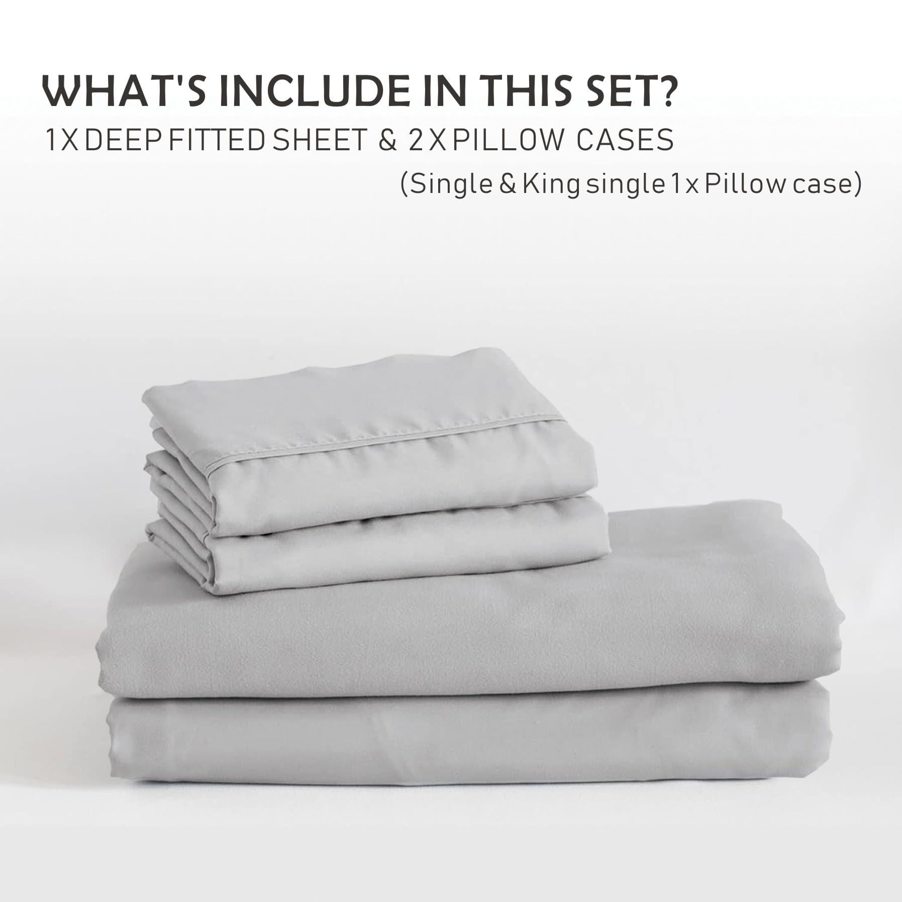 3 Piece 2000TC Microfibre 40cm Deep Pocket Fitted Sheet Set with Pillowcases - Silver Gray King