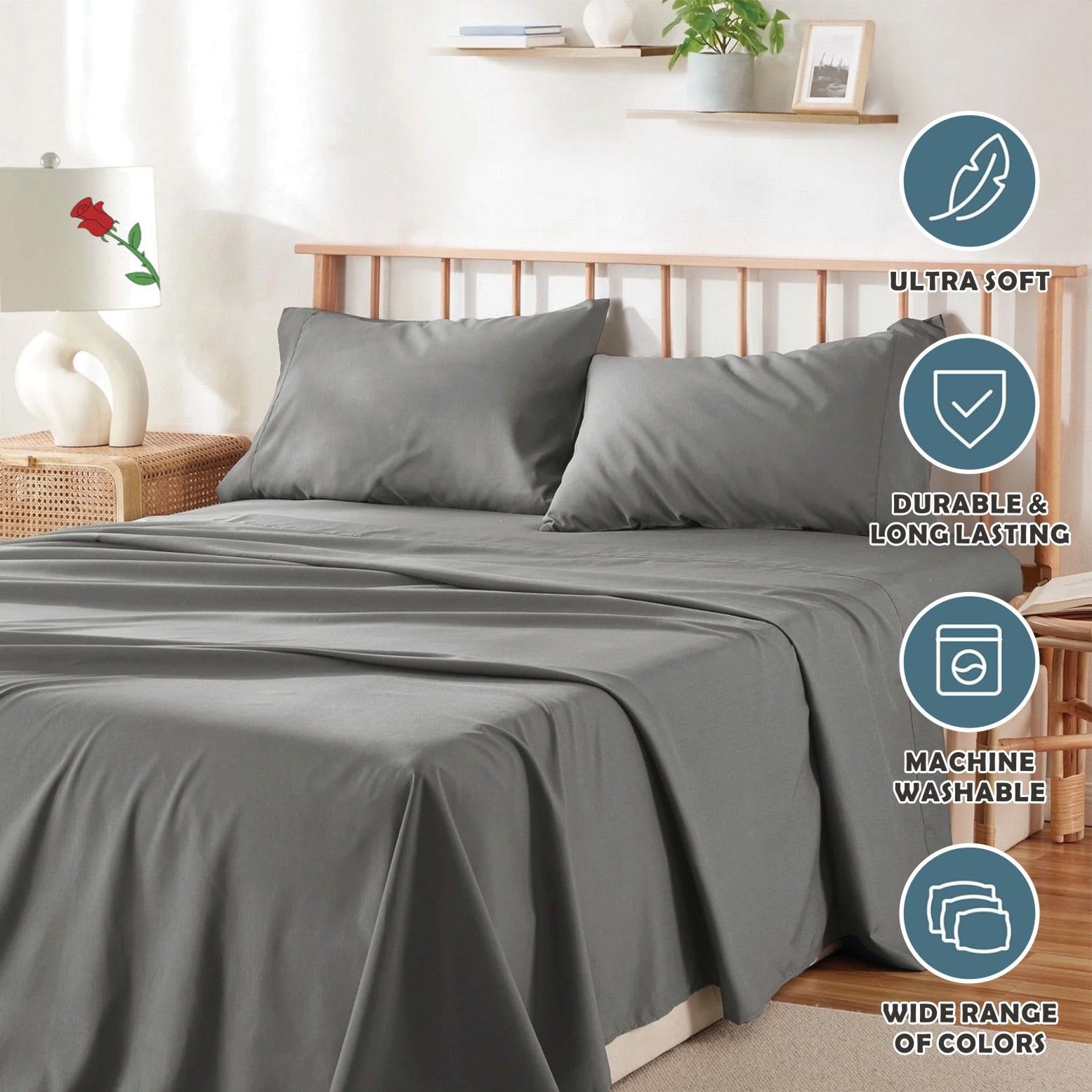 2000TC Microfibre Deep Pocket Bed Sheet Set - 4 Piece, Grey, King