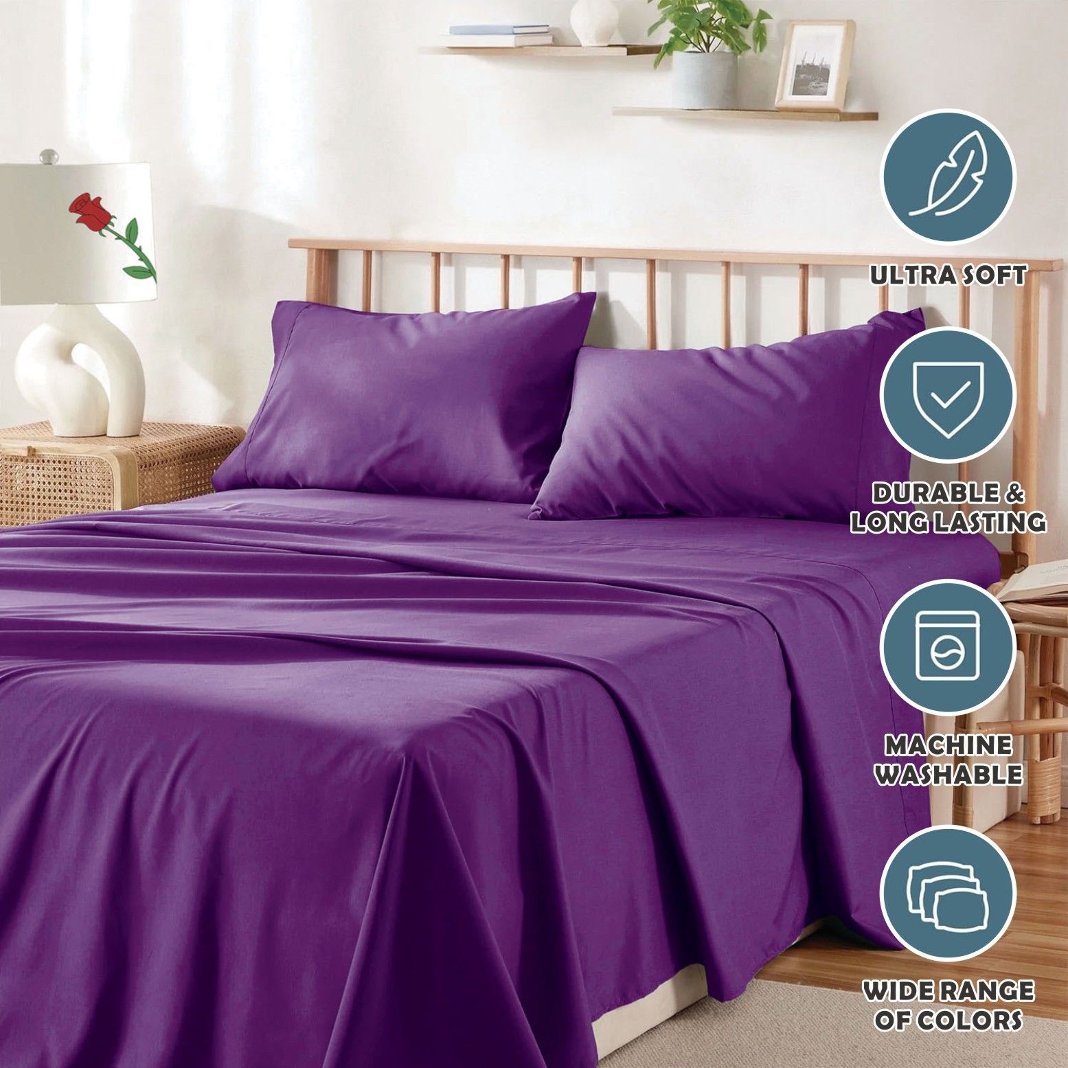 2000TC Microfibre Deep Pocket Bed Sheet Set - 4 Piece, Purple, King
