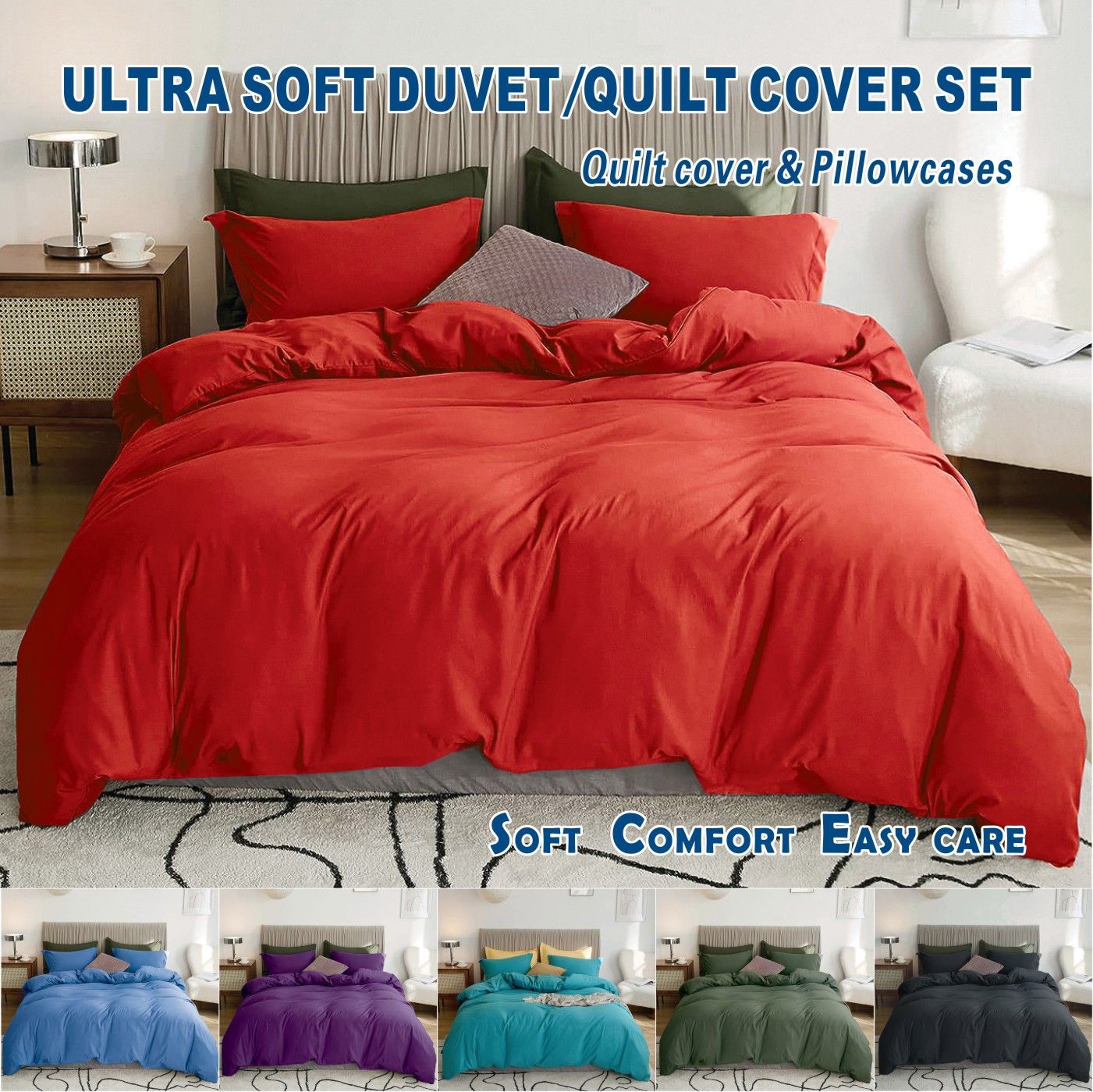 2000TC Microfibre Zipper Quilt Cover Set - 2 Piece, Red, King Single