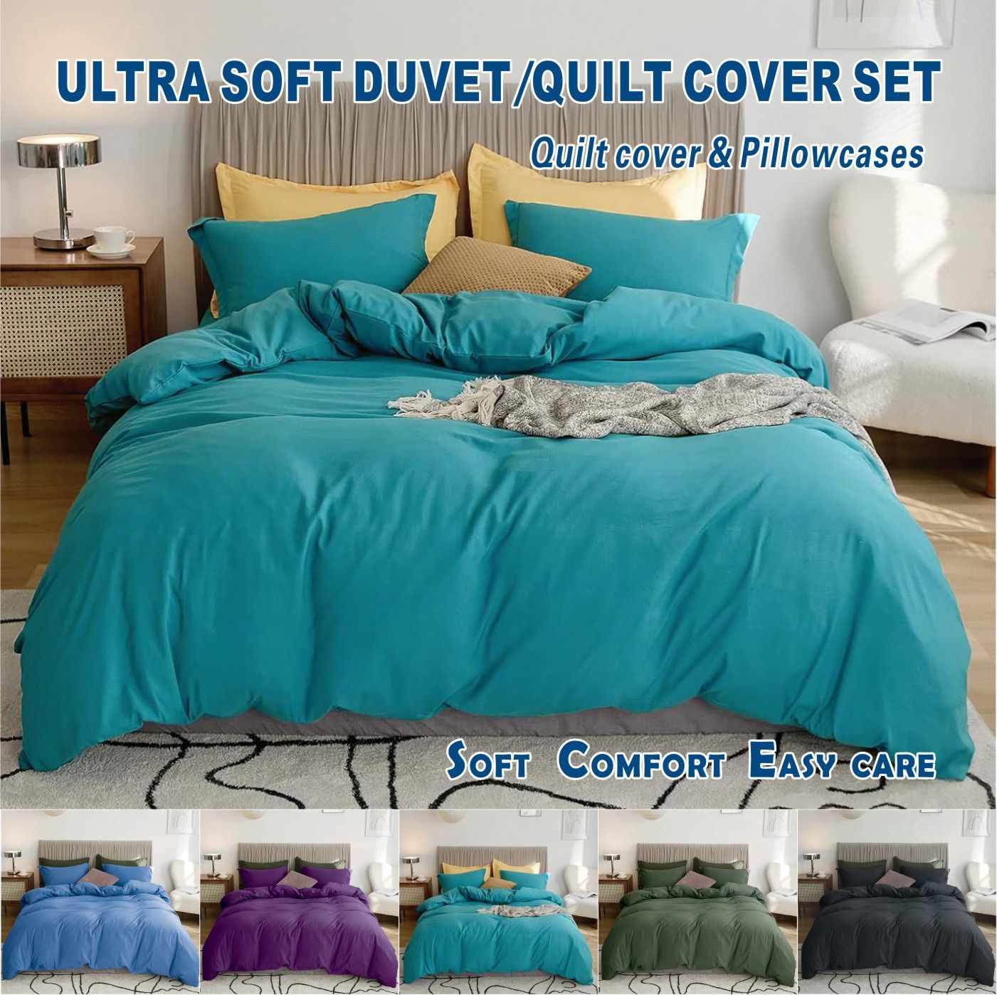 2000TC Microfibre Zipper Quilt Cover Set - 2 Piece, Biscay Blue, King Single