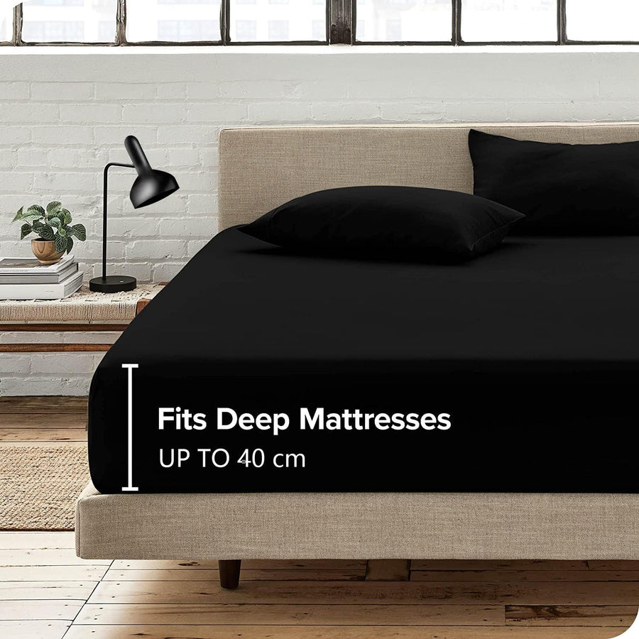 2 Piece 2000TC Microfibre 40cm Deep Pocket Fitted Sheet Set with Pillowcase - Black King Single