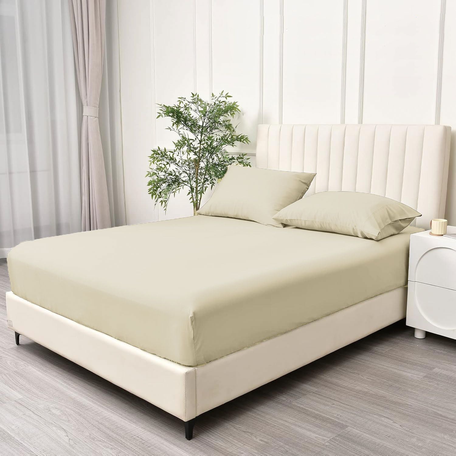 2 Piece 2000TC Microfibre 40cm Deep Pocket Fitted Sheet Set with Pillowcase - Cream White King Single