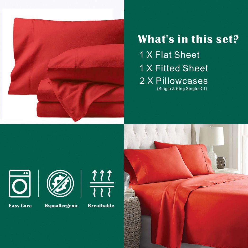 2000TC Microfibre Deep Pocket Bed Sheet Set - 3 Piece, Red, King Single