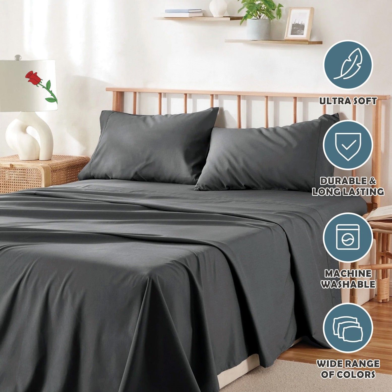 2000TC Microfibre Deep Pocket Bed Sheet Set - 3 Piece, Dark Gray, King Single